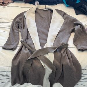 MM Lafleur Two-Tone Shawl Collar Cardigan in Taupe and Cream